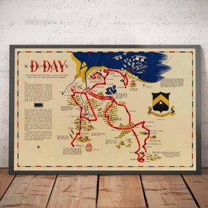 Ancienne carte du Débarquement du jour J en Normandie, 1944 - 743e bataillon de chars dans le nord de la France - Armée américaine 2 Guerre mondiale - Avec, sans cadre