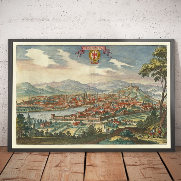 Carte ancienne de Florence, Italie, 1640 par Matthaus Merian - Florence, Duomo, Arno, Ponte Vecchio, Uffizi, Birdseye - encadré, non encadré