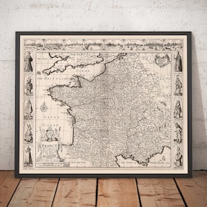 Ancienne carte de France, 1627 par John Speed - Belgique, Normandie, Bretagne, Côte d'Azur, Pyrénées - Cadeau monochrome encadré, non encadré