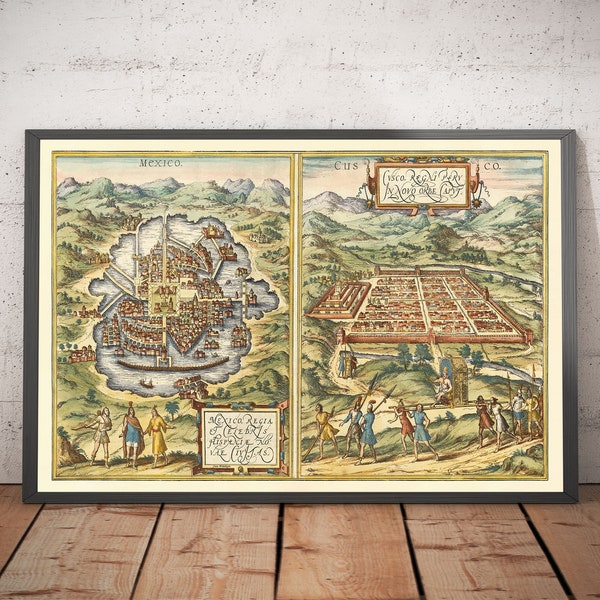 Old Map of Mexico City & Cusco, 1572 by Braun - Aztec, Peru, Texcoco, Tenochtitlan, Spanish Colonialism - Framed, Unframed