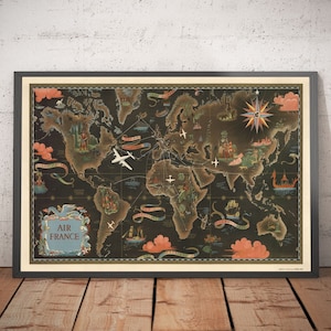 Alte Air France Weltkarte, 1947 von Lucien Boucher - Große Flugzeug Wandkarte - Historische Fluglinien Kunst - Gerahmt oder Ungerahmt