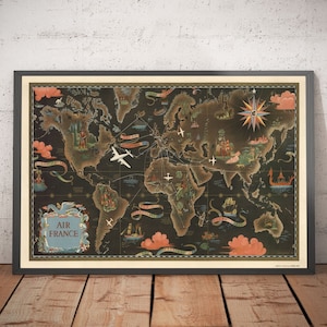 Old Air France World Map, 1947 by Lucien Boucher - Large Aircraft Route Wall Chart - Historical Airline Art - Framed or Unframed