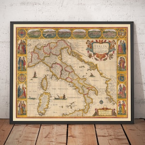 Alte Karte von Italien, 1627 von John Speed - Korsika, Sardinien, Sizilien, Venedig, Rom, der Papst, Adria, Kroatien - gerahmte, ungerahmte Karte