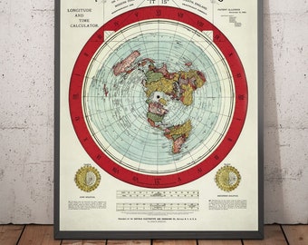 Old Flat Earth World Map, 1892, by Alexander Gleason - Rare Patented Polar Azimuthal Projection - Framed, Unframed Gift
