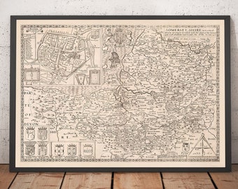 Antiguo mapa de Somerset en 1611 por John Speed - Bath, Portishead, Weston-super-Mare, Taunton, Yeovil, Bristol, Bridgwater - Regalo enmarcado sin marco
