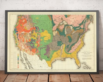 Rare ancienne carte géologique des États-Unis et du Canada, 1886 par Hitchcock - carte murale géologique et historique de l'Amérique - cadeau de géologue encadré ou non