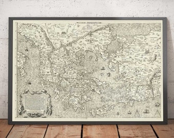 Old Map of Ancient Greece, 1558 by Salamanca - Macedonia, Balkans, Crete, Turkey, Asia Minor - Troy, Athens, Istanbul - Framed Unframed Gift