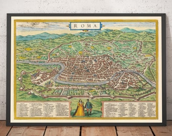 Old Map of Rome, 1572 by Braun - Vatican City, Papal Palace, Forum, Pantheon, Ancient Ruins, Colosseum - Birthday  - Framed, Unframed