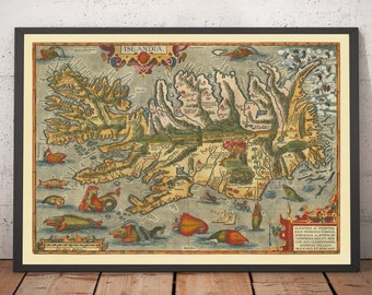 May include: An antique map of Iceland, titled "ISLANDIA." The map is drawn in a vintage style with detailed lines and colors. The map features a variety of sea creatures surrounding the island, including fish, whales, and sea serpents.