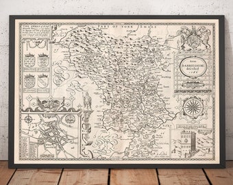 Old Map of Derbyshire, 1611 by John Speed - Derby, Chesterfield, Buxton, Peak District - Monochrome Framed, Unframed