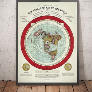 Old Flat Earth World Map, 1892, by Alexander Gleason - Rare Patented Polar Azimuthal Projection - Framed, Unframed Gift