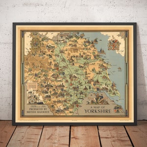 Old Map of Yorkshire, 1949 - British Railway Pictorial Chart - York, Sheffield, Bradford, Leeds, Middlesbrough, Pennines - Framed, Unframed