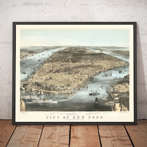 Oude kaart van New York City 1856 - Birds Eye Chart of NYC - Manhattan, Financial District, Battery, East & Hudson Rivers - ingelijst, ingelijst cadeau