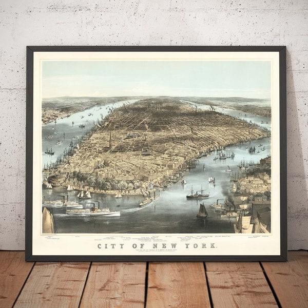 Old Map of New York City 1856 - Birds Eye Chart of NYC - Manhattan, Financial District, Battery, East & Hudson Rivers - Framed Unframed Gift