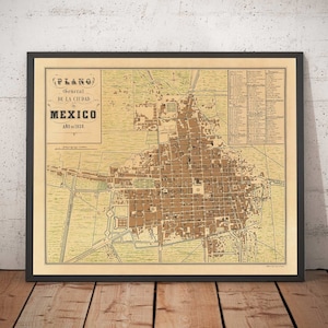 Mapa antigo da Cidade do México, 1858 - CDMX, Centro Histórico, Centro, Catedral Metropolitana, Parque Alameda, Igrejas, Praças - Presente emoldurado sem moldura