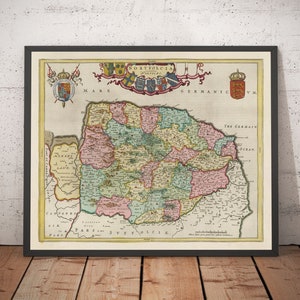 Old Map of Norfolk in 1665 by Joan Blaeu - Norwich, Great Yarmouth, King&#39;s Lynn, Thetford, Swaffham, Fakenham, Anglia - Framed Unframed Gift