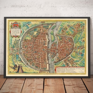 Oude kaart van Parijs, 1572 door Georg Braun - Notre Dame, Sainte-Chapelle, Bastille, Seine, kathedraal, stadsmuren - ingelijst, niet ingelijst
