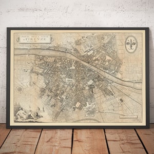 Oude kaart van Florence, Firenze, 1847 door Molini & Ruggieri - Uffizi, Santa Croce, Duomo, Piazza, Palazzo, Ponte Vecchio - ingelijst, ingelijst cadeau