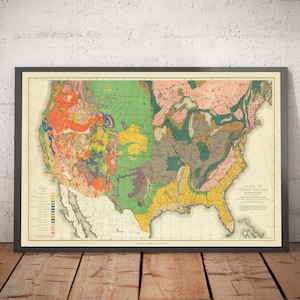 Mapa geológico antiguo y raro de EE. UU. y Canadá, 1886 de Hitchcock. Gráfico mural geológico e histórico de América. Regalo para geólogos, con o sin marco.