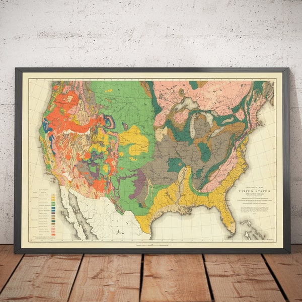 Rare Old Geology Map of USA & Canada, 1886 by Hitchcock - Geological, Historical Wall Chart of America - Framed or Unframed Geologist Gift