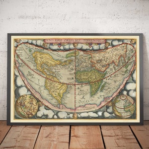 Mapa-múndi muito antigo, 1571, de Gerard De Jode - Projeção cordiforme, querubins, Antártida, Atlas, colonialismo inicial - Presente emoldurado ou sem moldura