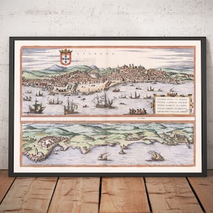 Alte Karte von Lissabon, Portugal von Georg Braun in 1572 - Burg, Kathedrale, Stadtmauer, Zentrum, alte Straßen - Gerahmt, Ungerahmt