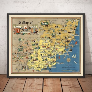 Old Map of Essex, Suffolk, Hertfordshire, 1948 - British Railway Pictorial Chart - Colchester, Southend, St Albans - Framed, Unframed