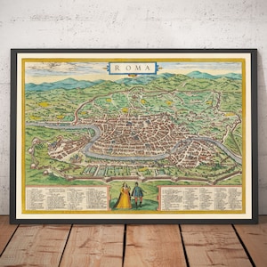 Old Map of Rome, 1572 by Braun - Vatican City, Papal Palace, Forum, Pantheon, Ancient Ruins, Colosseum - Birthday  - Framed, Unframed