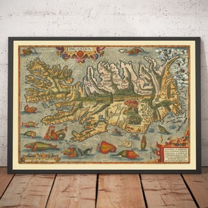 Rare Old Map of Iceland by Ortelius, 1603 - Reykjavik, Keflavik, Volcanoes, Mountains, Fjords, Glaciers, Sea Monsters - Framed Unframed Gift