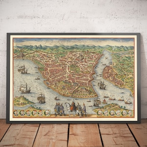 Mapa antiguo de Estambul y Constantinopla de 1572 de Georg Braun: Bizancio, Bósforo, Cuerno de Oro y Topkapi. Regalo enmarcado y sin marco.