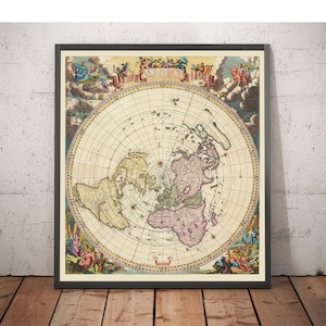 Alte Flat Earth Weltkarte, 1696 von Jacob Harrewyn - Kalifornien Insel, Putten - Polar Azimuthalprojektion - gerahmtes, ungerahmtes Geschenk