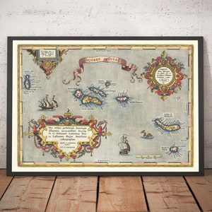 Antiguo mapa de las Azores de Abraham Ortelius, 1573 - Sao Miguel, Pico, Terceira, São Jorge, Faial, Portugal, Atlántico - Enmarcado, Sin marco