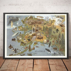 Old Map of Alaska by WD Berry, 1967 - Eskimos & Inuits - Anchorage, Yukon, Denali/McKinley - Bears, Whales, Wolves - Framed, Unframed