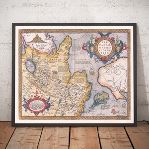 Mapa antiguo de Tartaria (Rusia, Siberia, China) de 1584, obra de Ortelius: un mapa excepcional de Asia Central, América y Japón (con o sin marco).