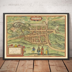 Ancienne carte d'Édimbourg, 1580 par Georg Braun - château, murs de la ville, cathédrale Saint-Gilles, vieille ville, siège Arthur - encadré, sans cadre