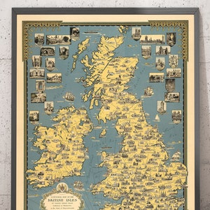 Old Pictorial Map of the British Isles, 1939 by Ernest Dudley Chase - Illustrated Landmarks, Cities, Five Nations - Framed, Unframed