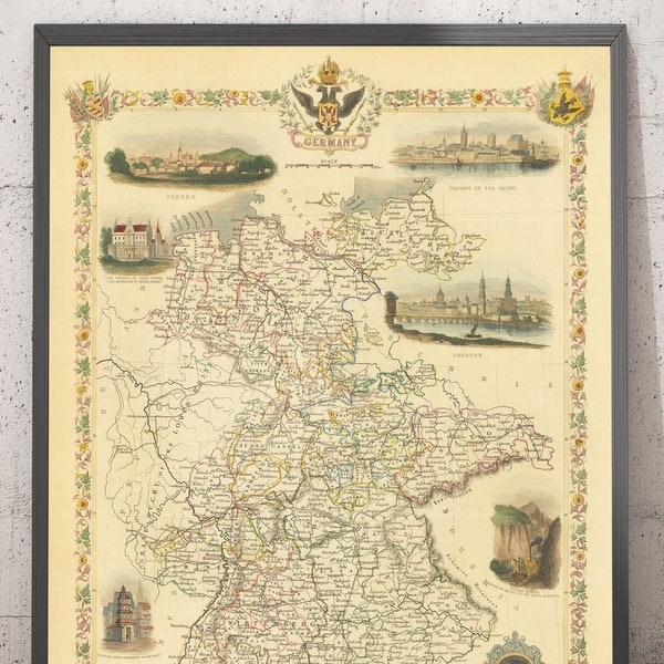 Old Map of Germany, 1851 - Pre-Unification, Reich Deutschland, Holy Roman Empire, Saxony, Bavaria, Dresden, Cologne - Framed, Unframed Gift