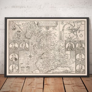 Old Map of Lancashire, 1611, John Speed - Manchester, Liverpool, Preston, Blackburn, Burnley, Rochdale, Oldham - Framed Unframed