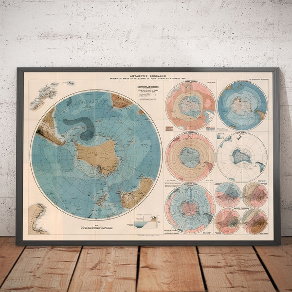 Antiguo mapa de investigación de la Antártida, 1894 - Atlas geográfico y mapa explorador del Polo Sur - Lluvia, temperatura - Enmarcado, sin marco