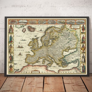 Alte Karte von Europa von John Speed, 1627 - England, Deutschland, Frankreich, Italien, Russland - Städte, jakobinische Kleidung - gerahmte, ungerahmte Karte