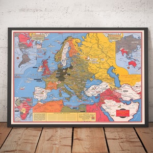 Oude kaart van de Tweede Wereldoorlog 2, 1942 door Stanley Turner - 'Gedateerde gebeurtenissen' WW2 History Chart - Europa, nazi's, geallieerden, Duitsland - ingelijst, ingelijst