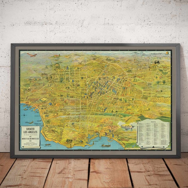 Old Map of Los Angeles, 1932 - Pictorial Summer Olympics Chart - Beaches, Hollywood, Downtown, Pasadena, Landmarks - Framed, Unframed Gift