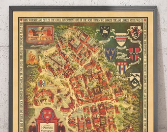 Old Map of Harvard University & Radcliffe, 1935 by Schruers - Campus, House Coat of Arms, Charles River - Framed, Unframed