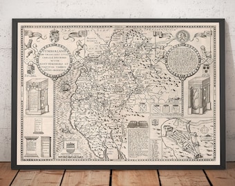 Old Map of Cumbria, 1611 by Speed - Cumberland, Carlisle, Keswick, Lake District, Windermere, Picts & Hadrian's Wall - Framed, Unframed Gift