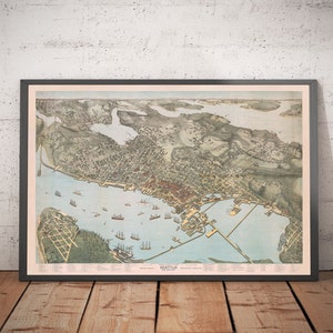 Rare Old Map of Seattle by Koch, 1891 - Downtown, Capitol Hill, Central District, Lakes, Mountains Washington History - Framed Unframed Gift