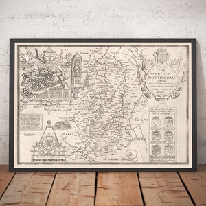 Alte Karte von Nottinghamshire, 1611 von John Speed - Nottingham, Mansfield, Newark, Worksop, Sherwood Forest - gerahmt oder ungerahmt