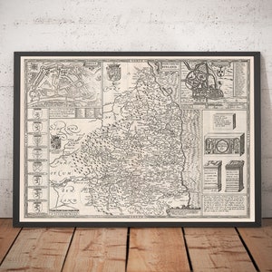 Alte Karte von Northumberland im Jahr 1611 von John Speed - Newcastle, Gateshead, Hadrian's Wall, South Shields, Tyne and Wear - Geschenk ohne Rahmen