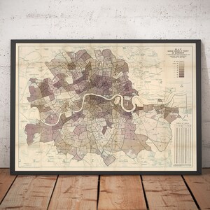 Mapa de la pobreza de Londres, 1889, de Charles Booth: Centro, Sur, Oeste, Norte y Este. Antiguo mural histórico de la ciudad. Con y sin marco.