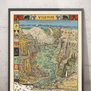 Old Pictorial Map of Yosemite National Park in 1941 by Jo Mora - Mirror Lake, Vernal Falls, Nevada Falls, Eagle Peak, Washington Column