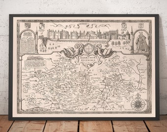 Old Map of Berkshire 1611 by Speed - Reading, Slough, Bracknell, Maidenhead, Henley, Eton, Windsor Castle - Monochrome Framed Unframed gift